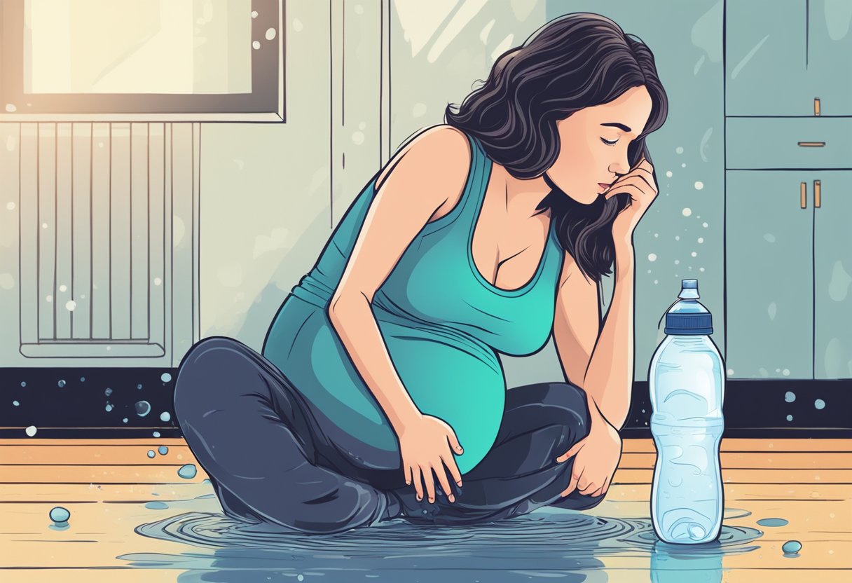 A pregnant woman standing with a worried expression, surrounded by wet spots on the floor and a leaking water bottle