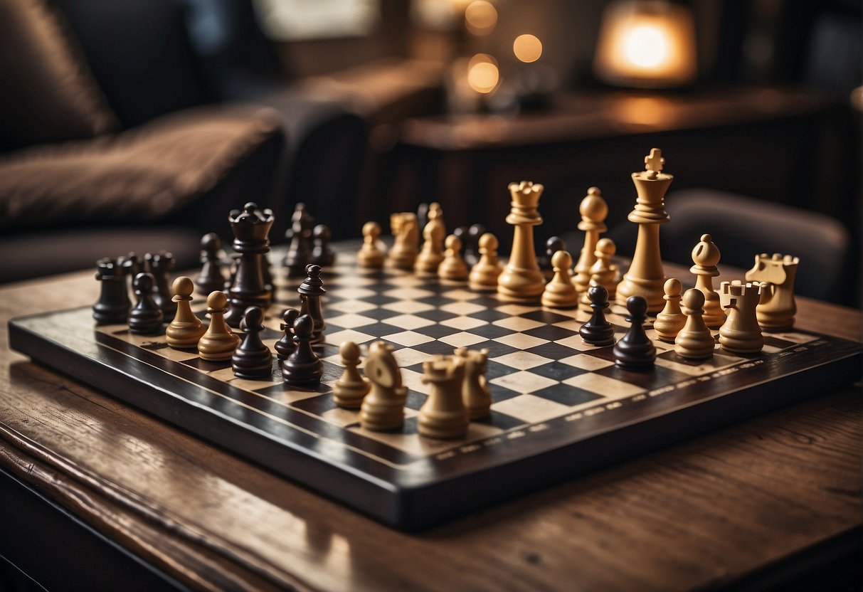 A table with various devices displaying chess, puzzles, and strategy games. Books on strategic thinking and problem-solving are scattered around
