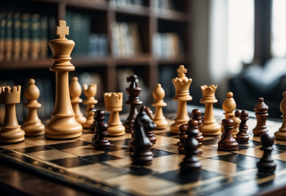 A chessboard with pieces strategically positioned, surrounded by books on strategic thinking