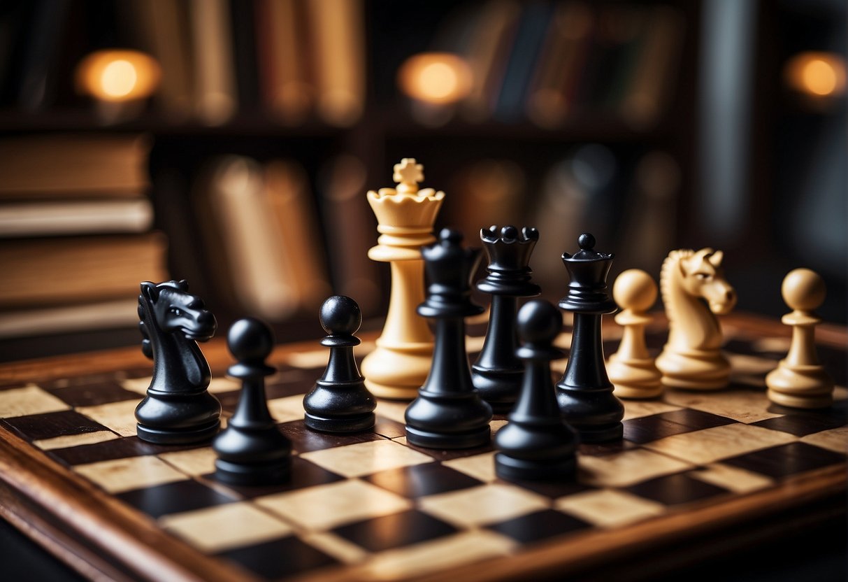 A chessboard with pieces strategically positioned, surrounded by books on business and leadership