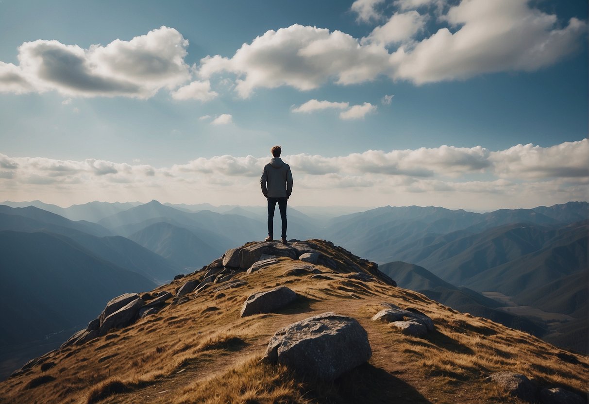 A person standing on a mountain peak, looking out at a vast landscape with a clear path ahead, representing the concept of strategic thinking and success