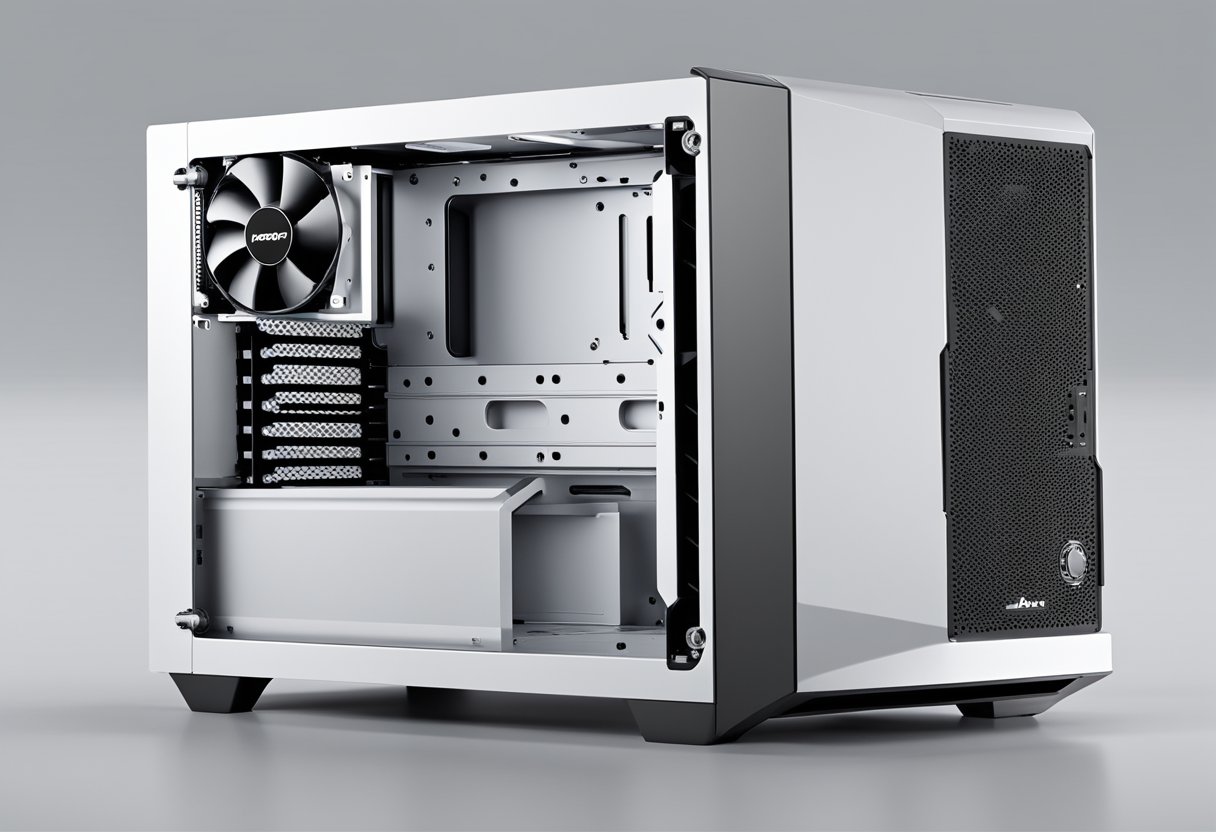 A sleek, compact micro ATX case with clean lines and durable materials, showcasing precision engineering and attention to detail