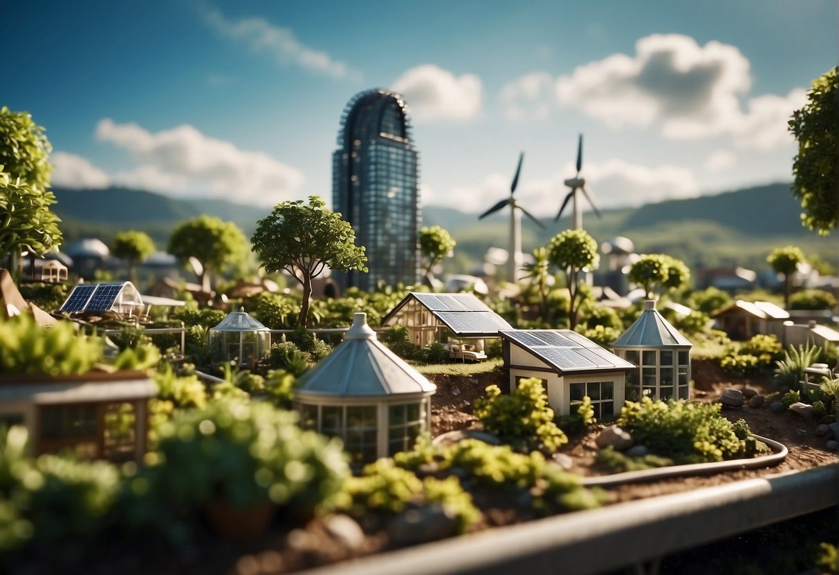 A lush green landscape with renewable energy sources, eco-friendly buildings, and sustainable transportation. The scene depicts the evolution and trends of public markets towards sustainable development and ecological responsibility