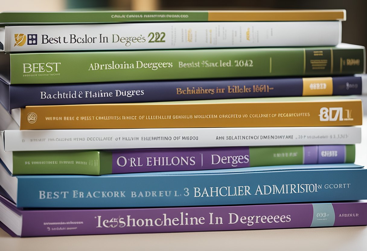 A stack of college brochures with the title "Best Online Bachelor’s In Healthcare Administration Degrees Of 2024" displayed prominently