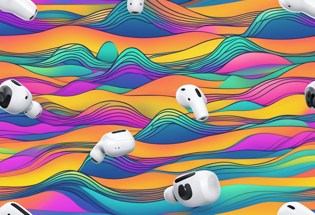 Airpods floating in mid-air, emitting sound waves in all directions. One wave is disrupted, causing a distortion in the audio field