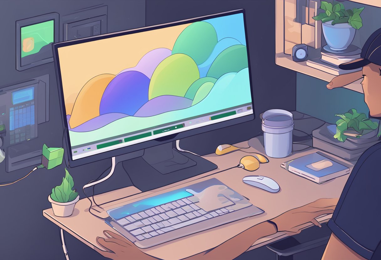 A computer screen with Discord open, Spotify not visible. Mouse hovers over settings, user troubleshooting