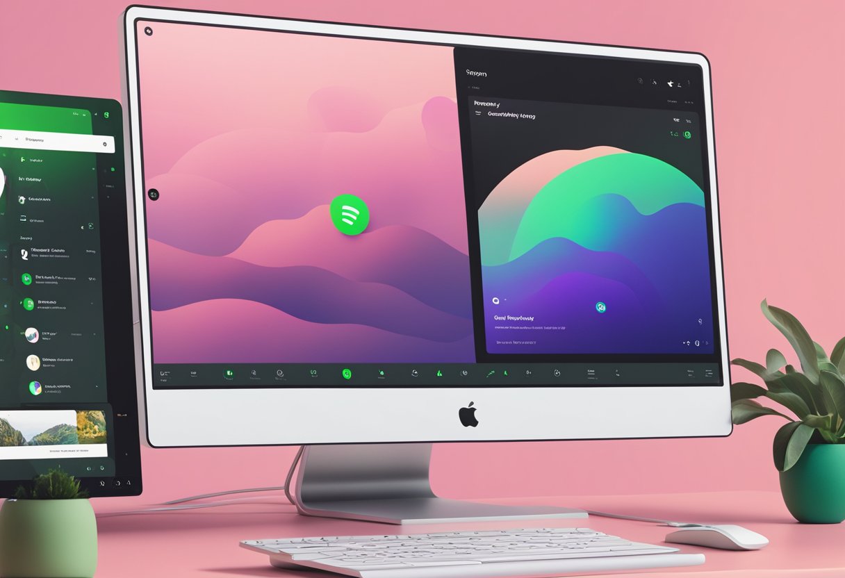 A computer screen displaying the Spotify app on a Windows 11 desktop, with a non-functional overlay feature highlighted