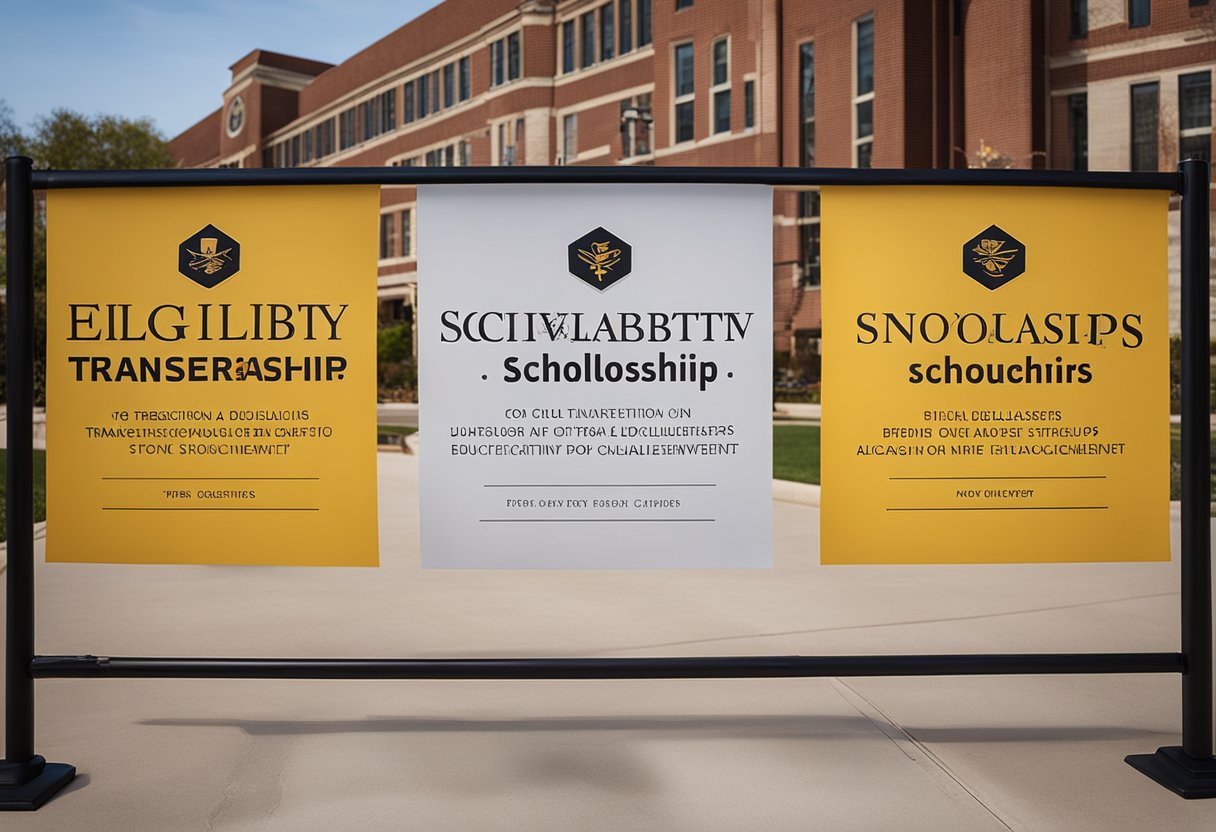 A banner displaying "Eligibility Criteria for Transfer Scholarships" at Mizzou, surrounded by symbols of education and achievement
