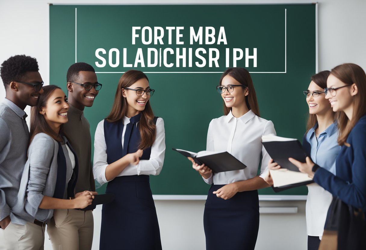 A group of students gather around a banner that reads "Forte MBA Fellowships Scholarship: Everything You Need to Know." They are engaged in conversation, with notebooks and pens in hand, eager to learn more about the opportunity