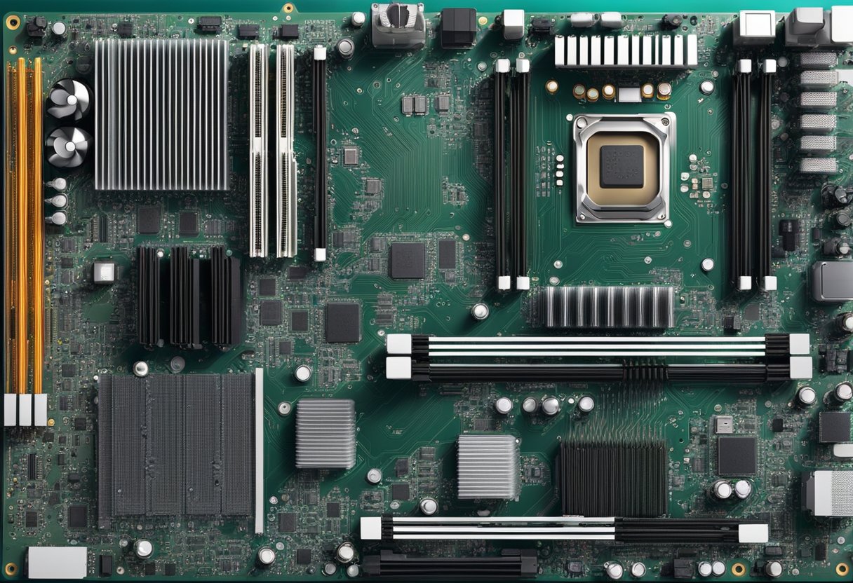 A computer motherboard with a CPU socket, surrounded by heat sinks and fans, with thermal paste applied to the CPU surface