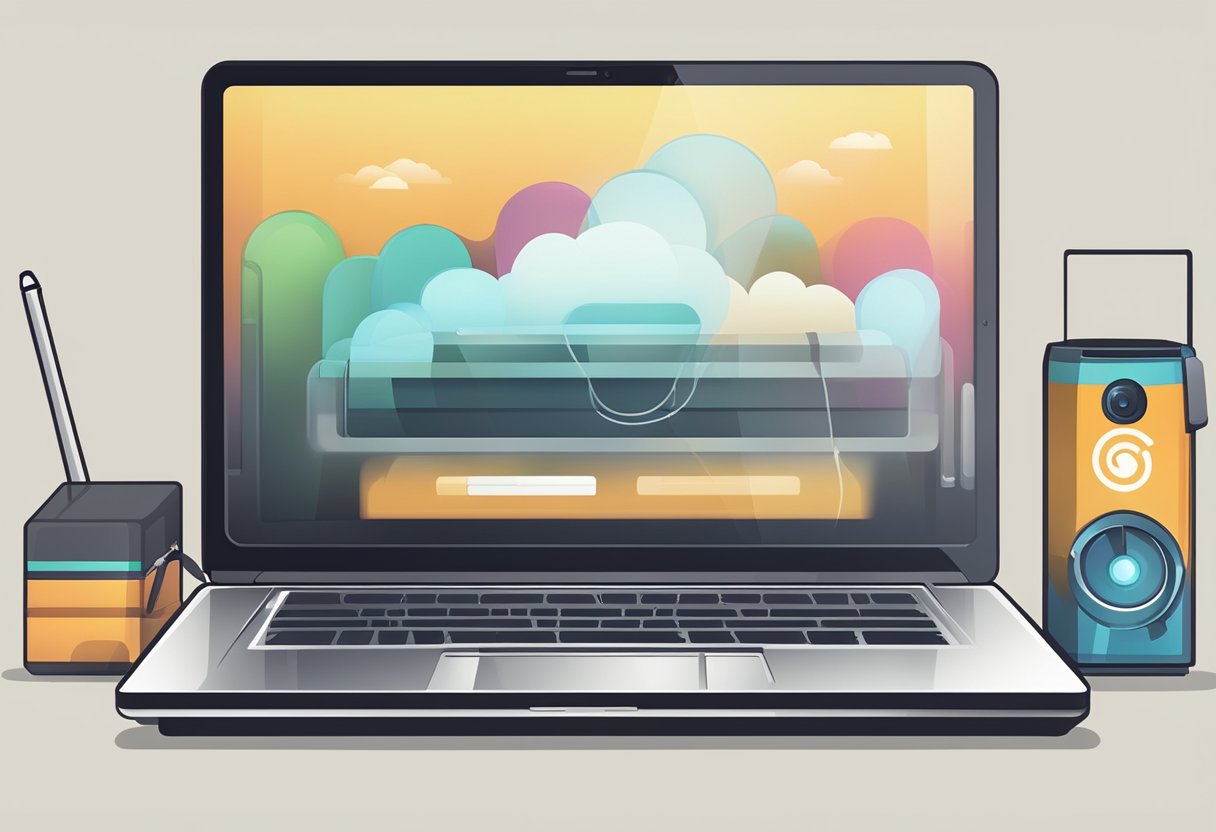 A laptop with a "Steam" logo on the screen, next to a wifi router with no connection