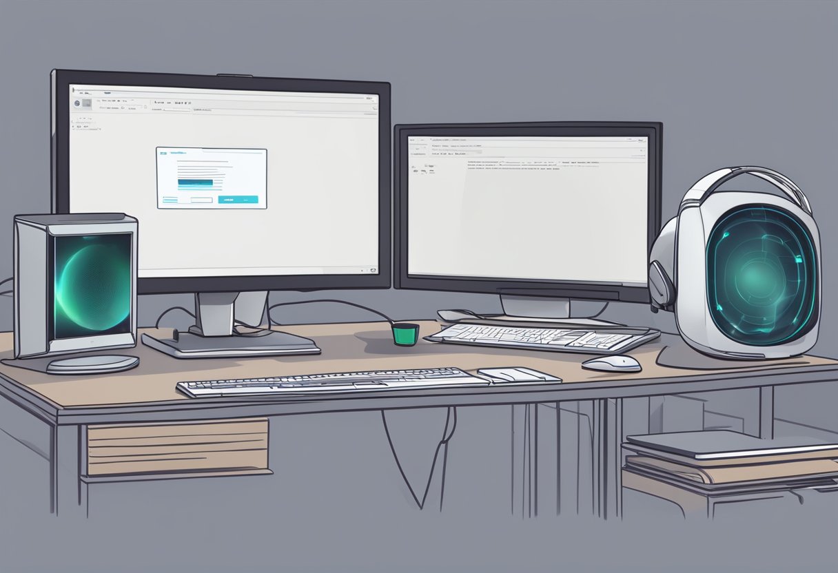 A computer monitor displays "SteamVR Error 108" message. VR headset sits on the desk, disconnected