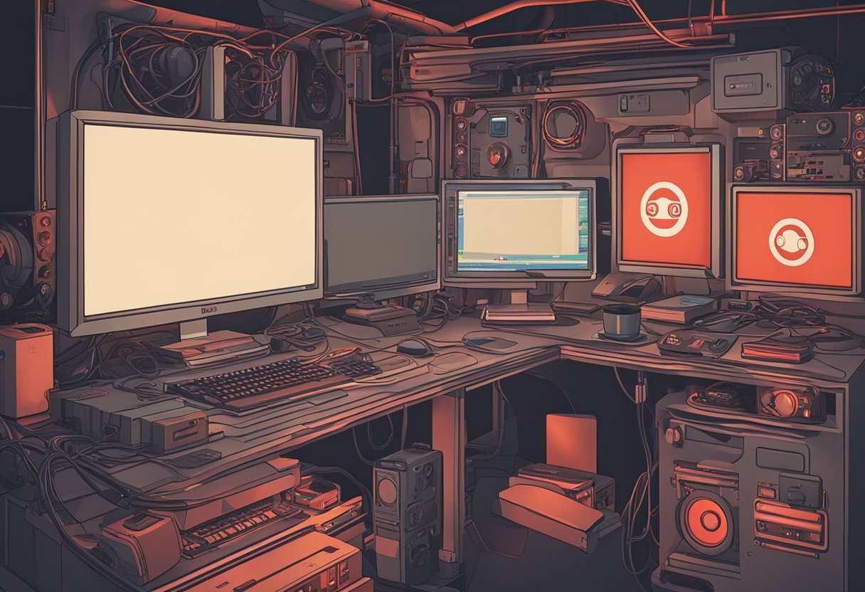 A computer screen displays "SteamVR Error 306" with a red warning symbol. The room is dimly lit, and the computer is surrounded by various VR equipment and cables