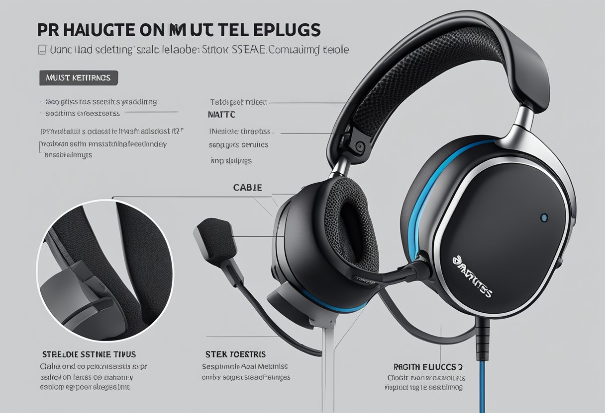 A person unplugs and replugs the microphone cable, checks the mute button, and adjusts the mic settings on the Steel Series Arctis 5 headset