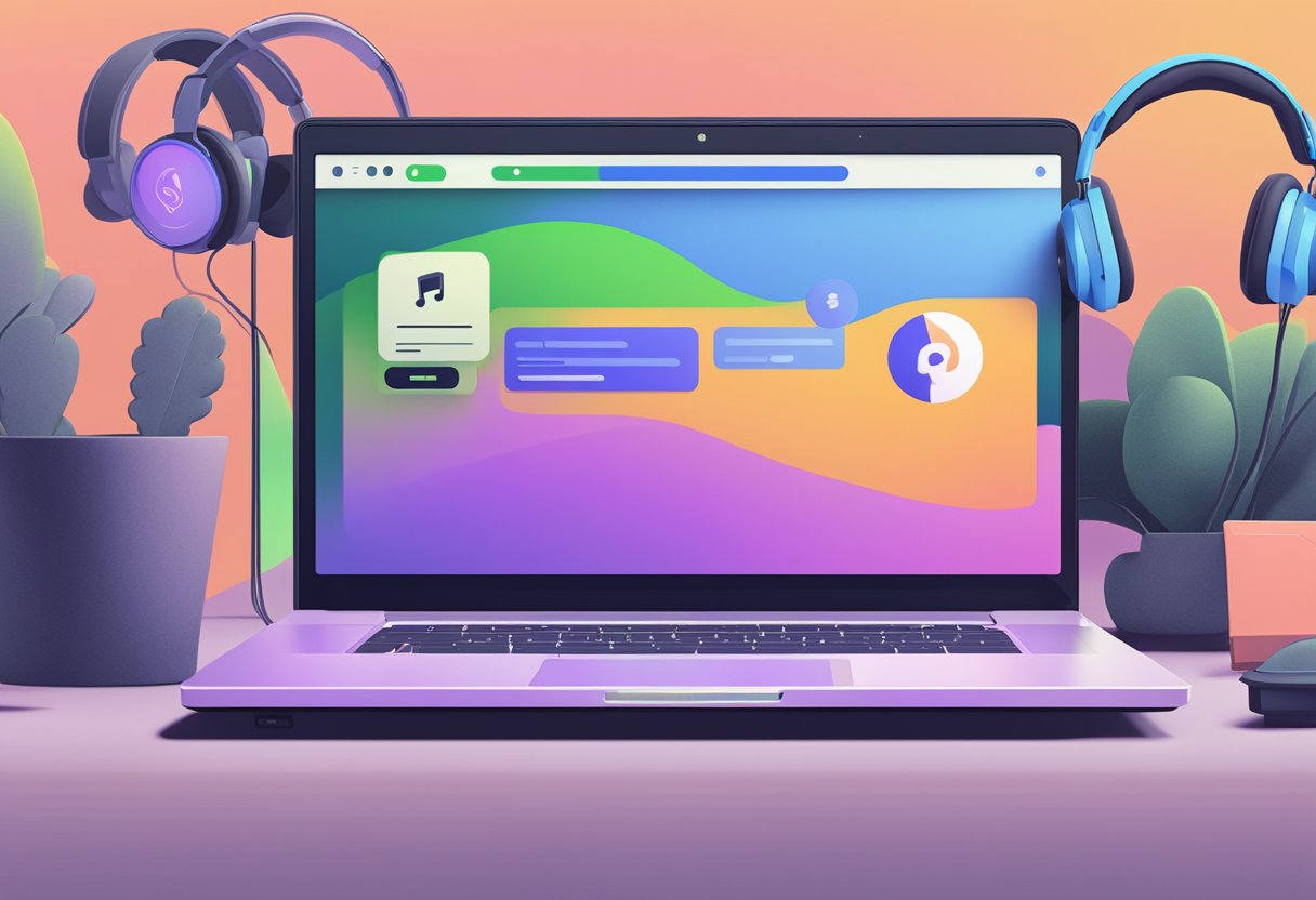 A laptop with Spotify open, a discord logo, and a stop sign in between them