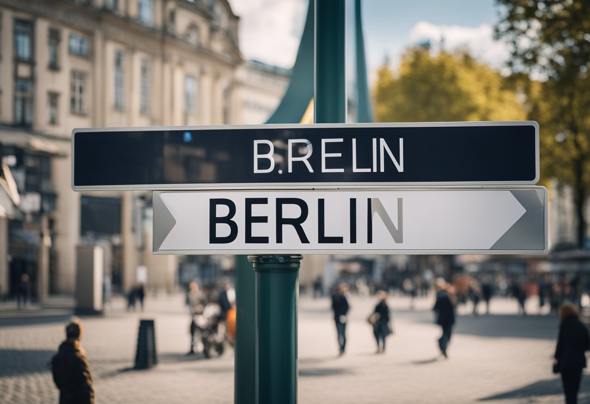 Berlin, Germany, state name displayed on a signpost in a bustling city square