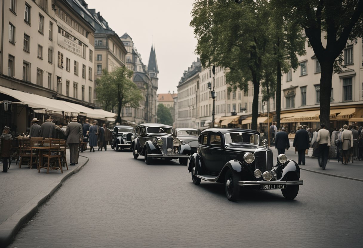 Berlin, Germany, 1930s: Buildings and streets with vintage cars, people in 1930s attire, and signs in German