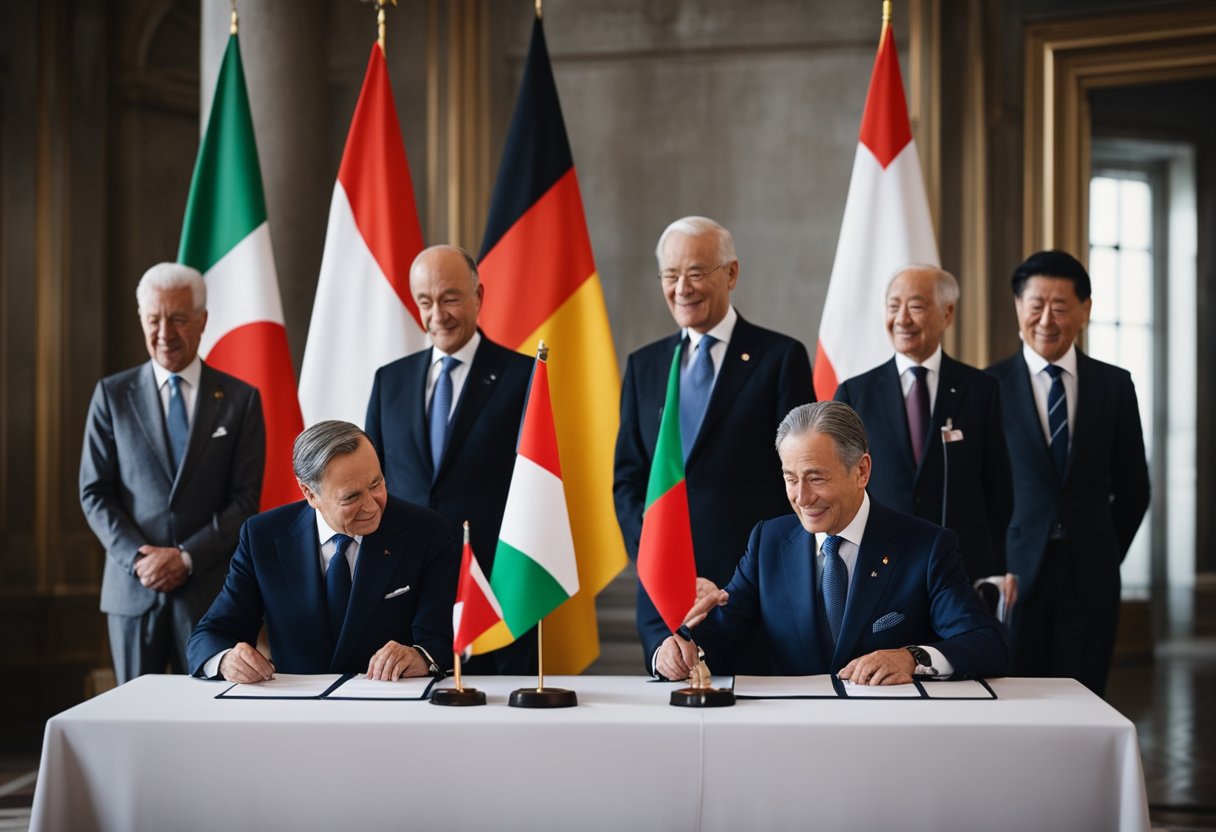 Italy, Germany, and Japan leaders signing the Axis agreement in Berlin, symbolizing their alliance in WWII