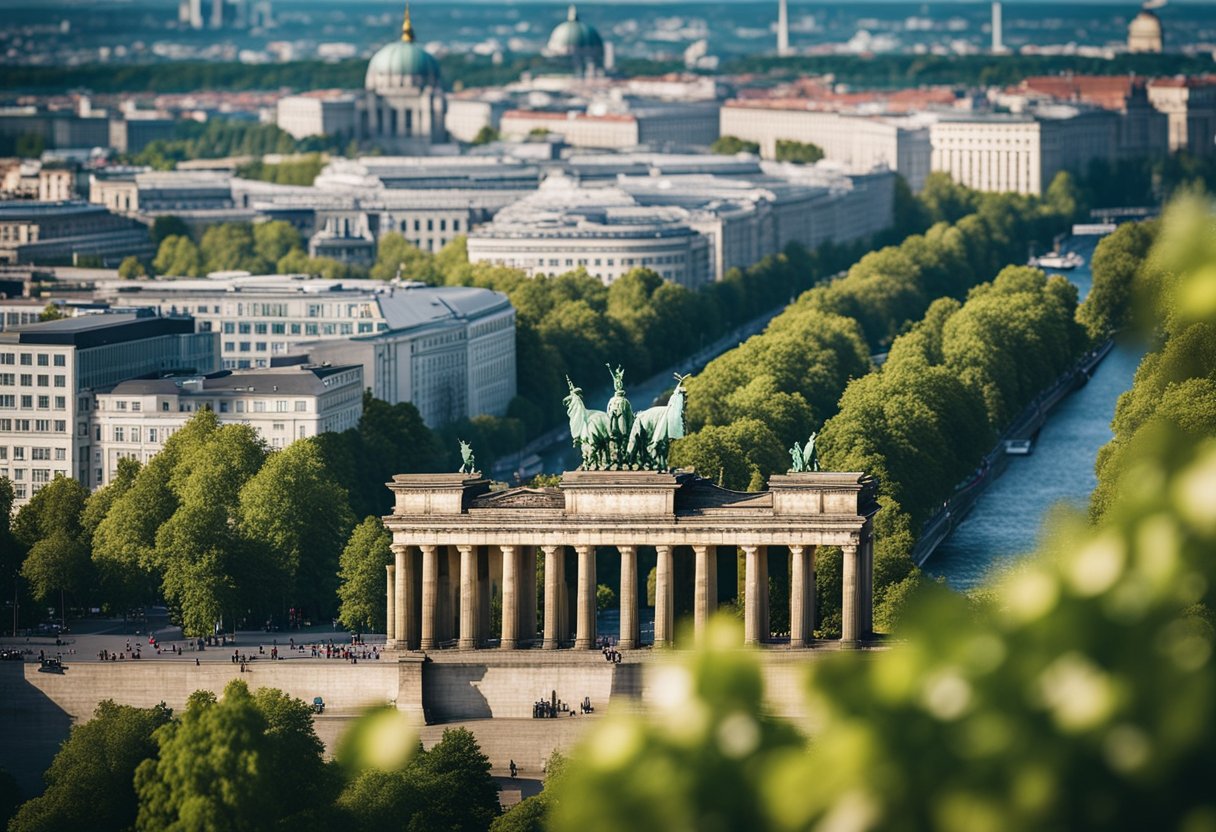 Berlin, Germany: urban landscape with iconic landmarks, such as the Brandenburg Gate and Berlin Wall, set against a backdrop of modern architecture and lush greenery