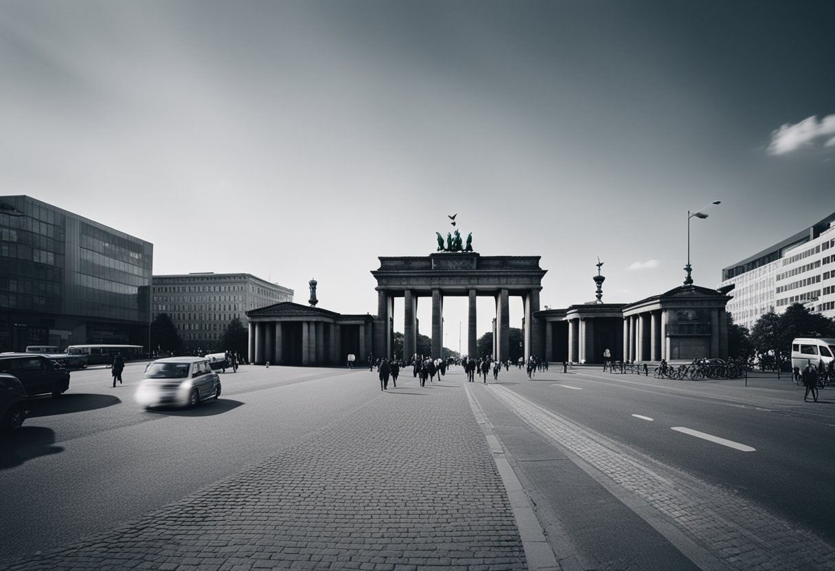 Berlin, Germany's cultural landscape: iconic Brandenburg Gate, bustling city streets, historic architecture, vibrant street art, and diverse neighborhoods