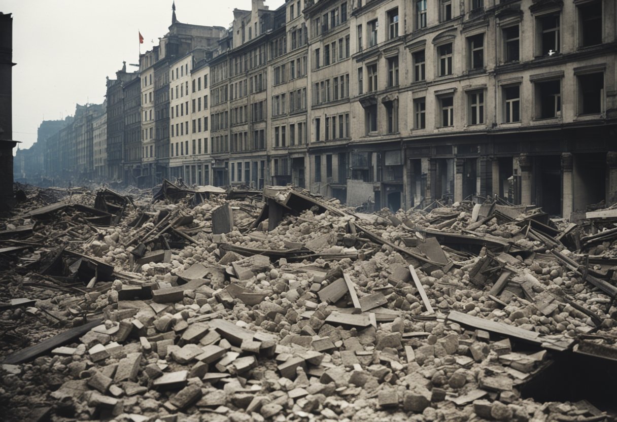 Berlin, Germany in 1945, rubble-strewn streets, war-torn buildings, and remnants of destruction