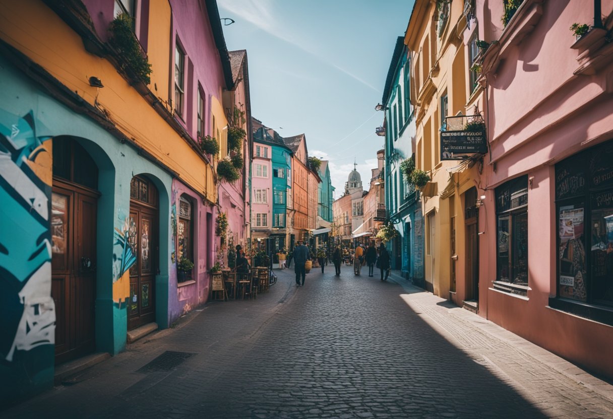 Colorful buildings line the cobblestone streets, adorned with street art and graffiti. Diverse shops and cafes bustle with activity, while locals gather in communal spaces