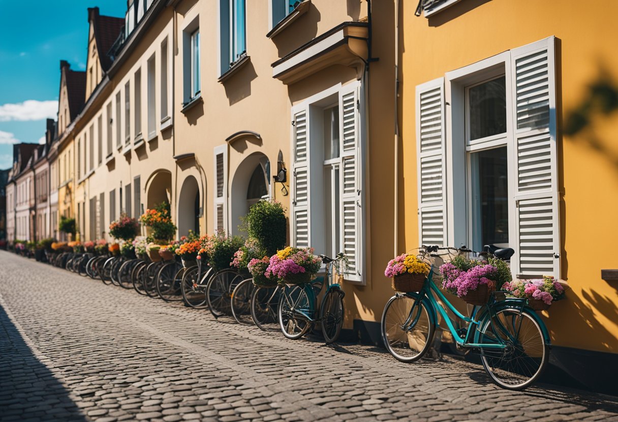 A row of colorful townhouses line a cobblestone street in a quiet Berlin neighborhood, with flower boxes adorning the windows and bicycles parked outside