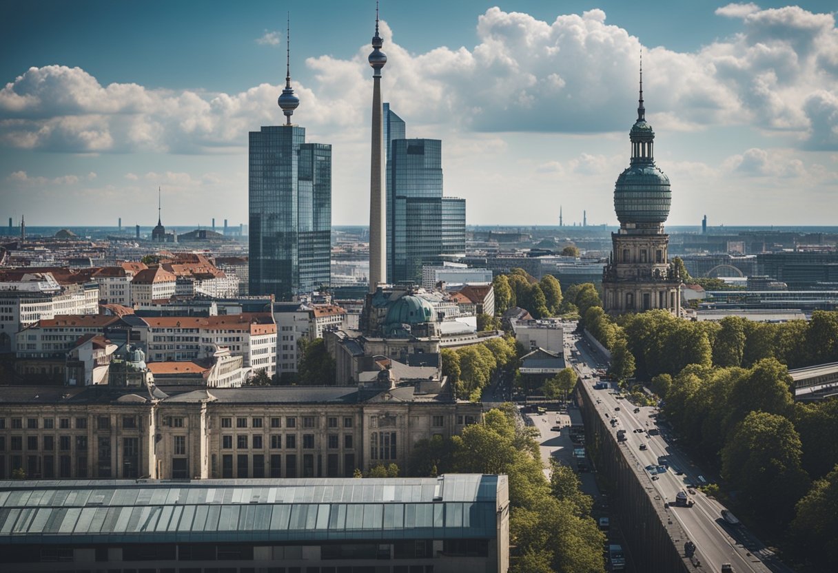 Berlins Wirtschaft entwickelt sich von kriegszerstörten Ruinen zu einem modernen Zentrum. Fabriken, Wolkenkratzer und Tech-Start-ups symbolisieren das Wachstum der Stadt.