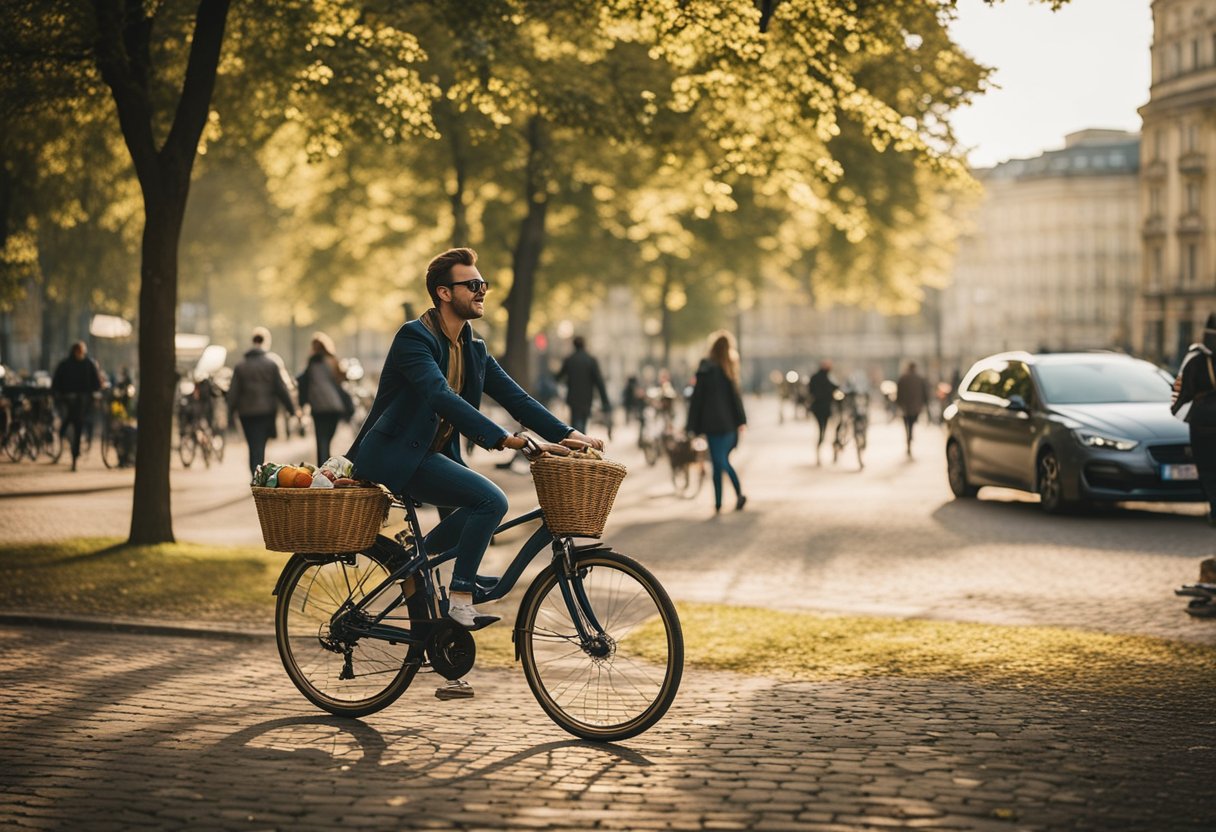 People enjoying outdoor activities in Berlin neighborhoods: cycling, walking dogs, picnicking, playing sports. Parks, cafes, and vibrant street scenes