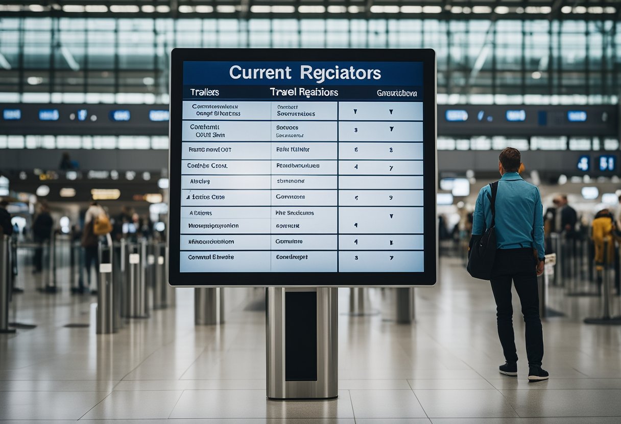 A sign at the airport displays "Current Covid-19 Regulations" with a list of Germany travel restrictions. Masked travelers stand in line, socially distanced