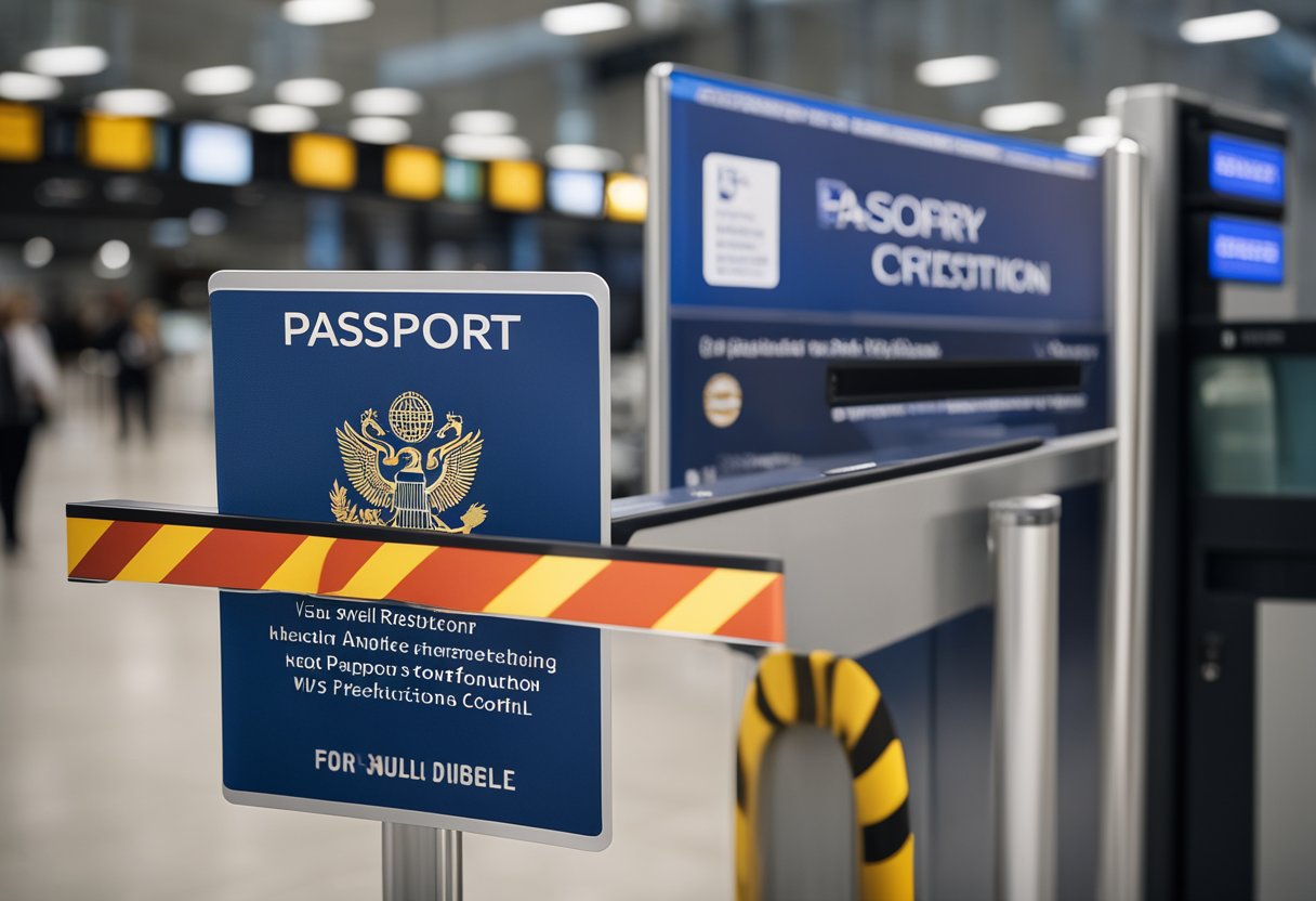 Pass- und Visakontrolle an einer Grenzkontrollstelle in Deutschland mit Schildern, die Reisebeschränkungen und Einreiseinformationen anzeigen