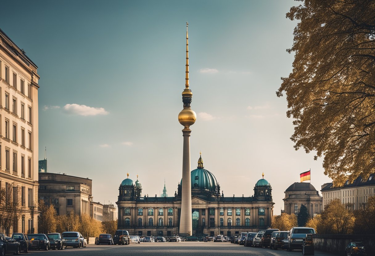 Die Berliner Skyline mit Regierungsgebäuden und Wirtschaftssymbolen