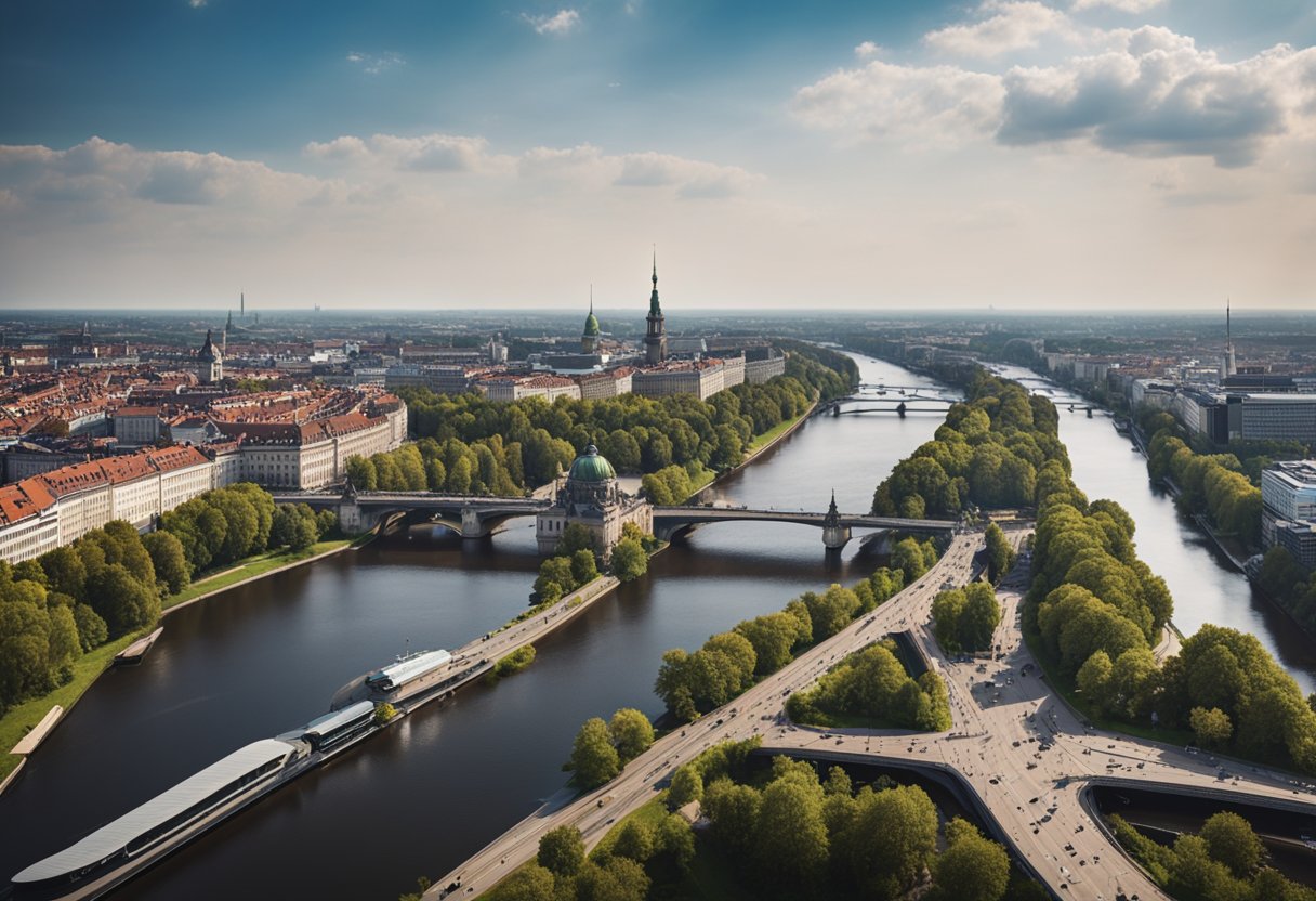 The Spree and Havel rivers flow through Berlin, winding through the city's urban landscape, with bridges crossing over their tributaries