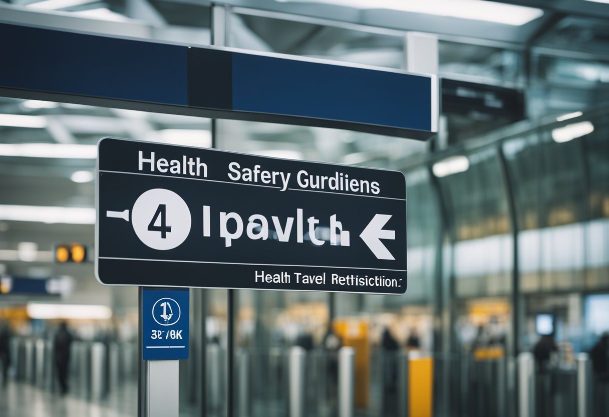 Ein Schild am Eingang des Flughafens zeigt in fetten Buchstaben "Gesundheits- und Sicherheitsrichtlinien" und "Reisebeschränkungen für Deutschland".