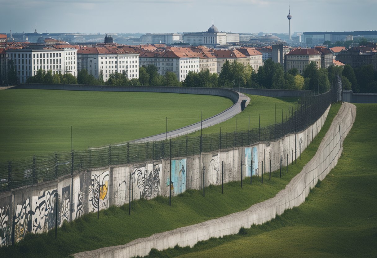 Die Berliner Mauer in Deutschland steht hoch und trennt Deutschland mit Beton und Stacheldraht