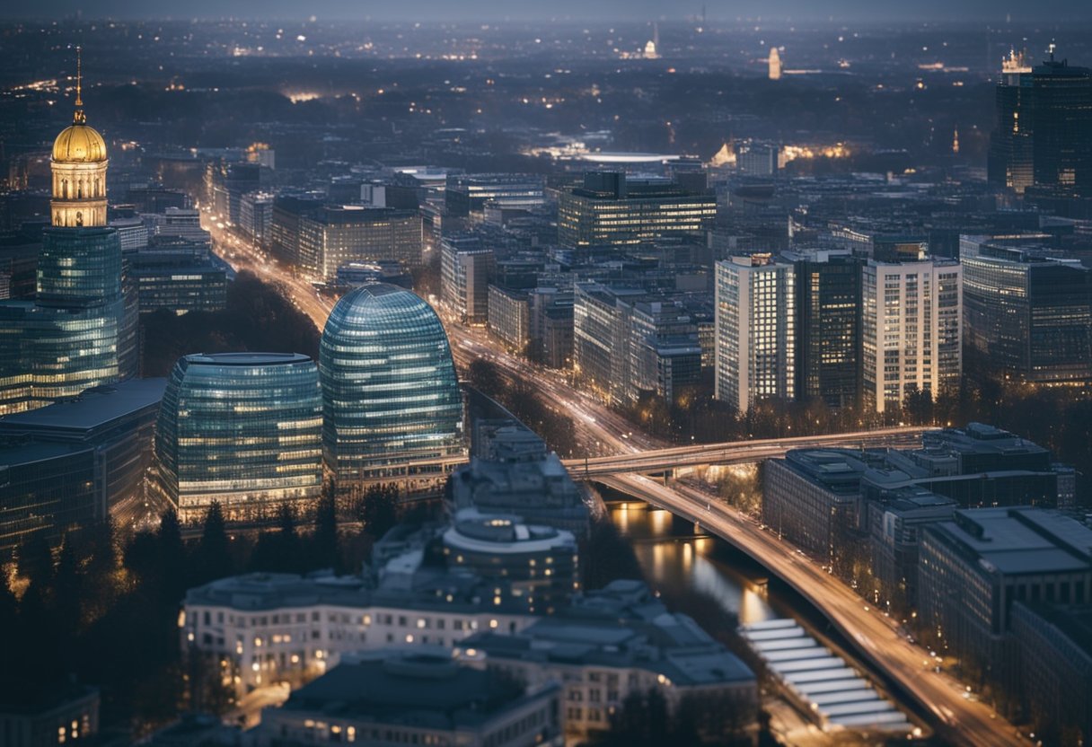 Ein belebtes Stadtbild mit Wolkenkratzern, belebten Straßen und Finanzinstituten, das die wirtschaftliche Aktivität von Berlin, Deutschland, zeigt