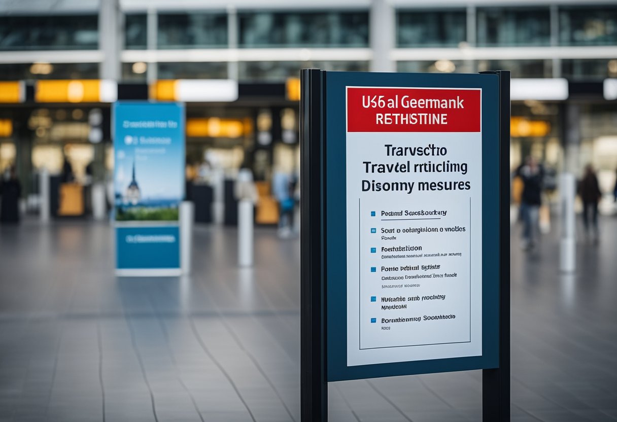 Ein Schild an der Einreise nach Deutschland mit Reisebeschränkungen, darunter Gesichtsmasken und soziale Distanzierungsmaßnahmen