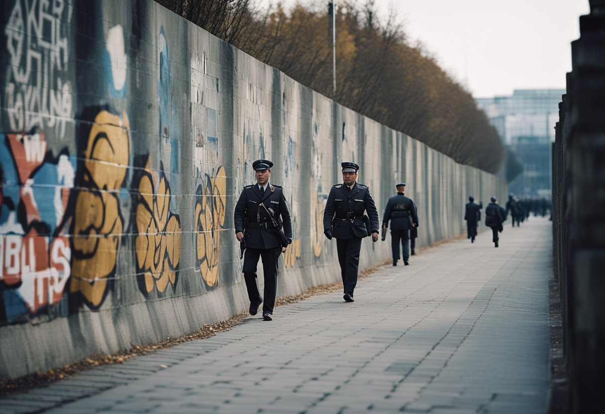 The Berlin Wall divides Germany, with guards patrolling