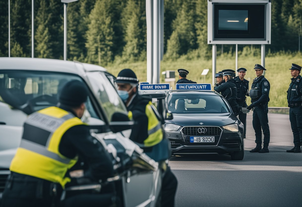 Sicherheitspersonal bei der Durchsetzung von Sicherheitsprotokollen an einem deutschen Grenzübergang. Schilder zeigen Reisebeschränkungen an