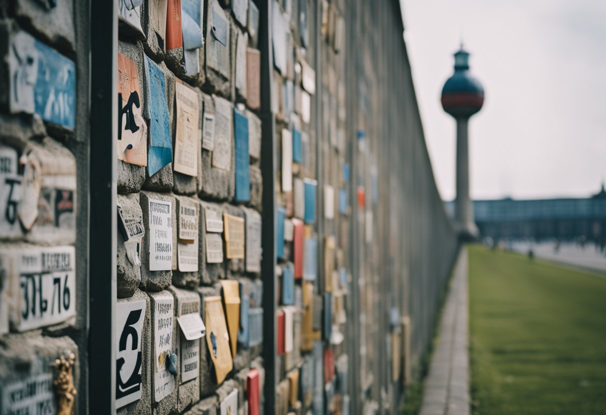 Die Berliner Mauer steht hoch, geteilt durch Segmente und geschmückt mit Mahnmalen in Deutschland