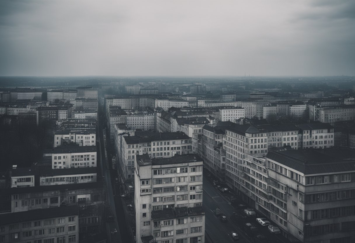 Eine trostlose, graue Stadtlandschaft mit bröckelnden Gebäuden und einer drohenden Mauer, die Ost- und Westdeutschland trennt