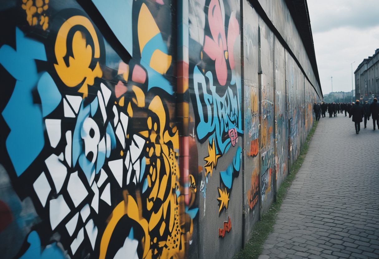 Die Berliner Mauer steht hoch und ist mit lebendigen Wandmalereien und Graffiti bedeckt, die die kulturelle Bedeutung und die Kunstinstallationen in Deutschland symbolisieren.