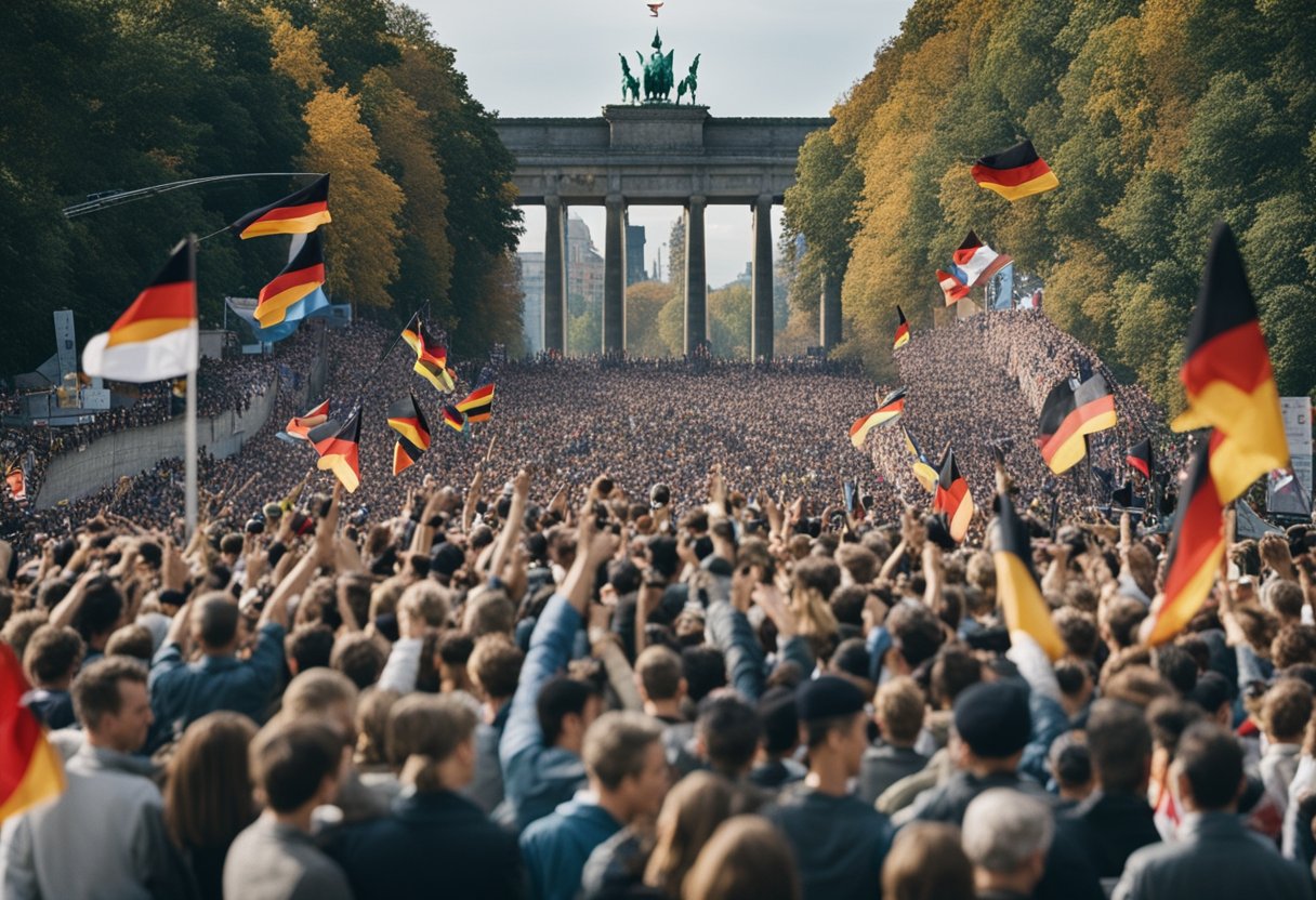 Deutschland ist wiedervereinigt: Die Berliner Mauer fällt, Menschenmassen jubeln, Fahnen wehen, Ost und West treffen sich, ein freudiges Fest