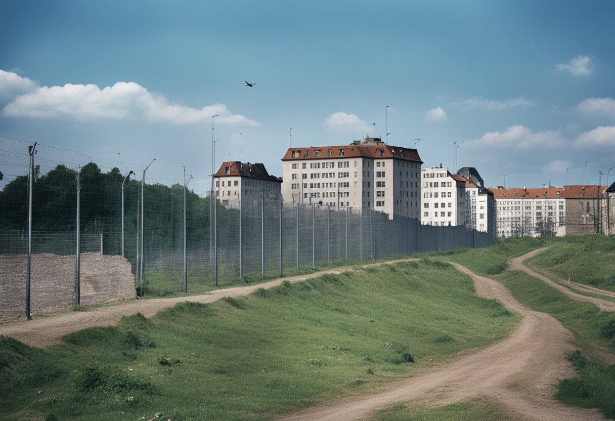 The Berlin Wall divides the city, with guard towers and barbed wire. East Germany is on one side, while West Germany is on the other