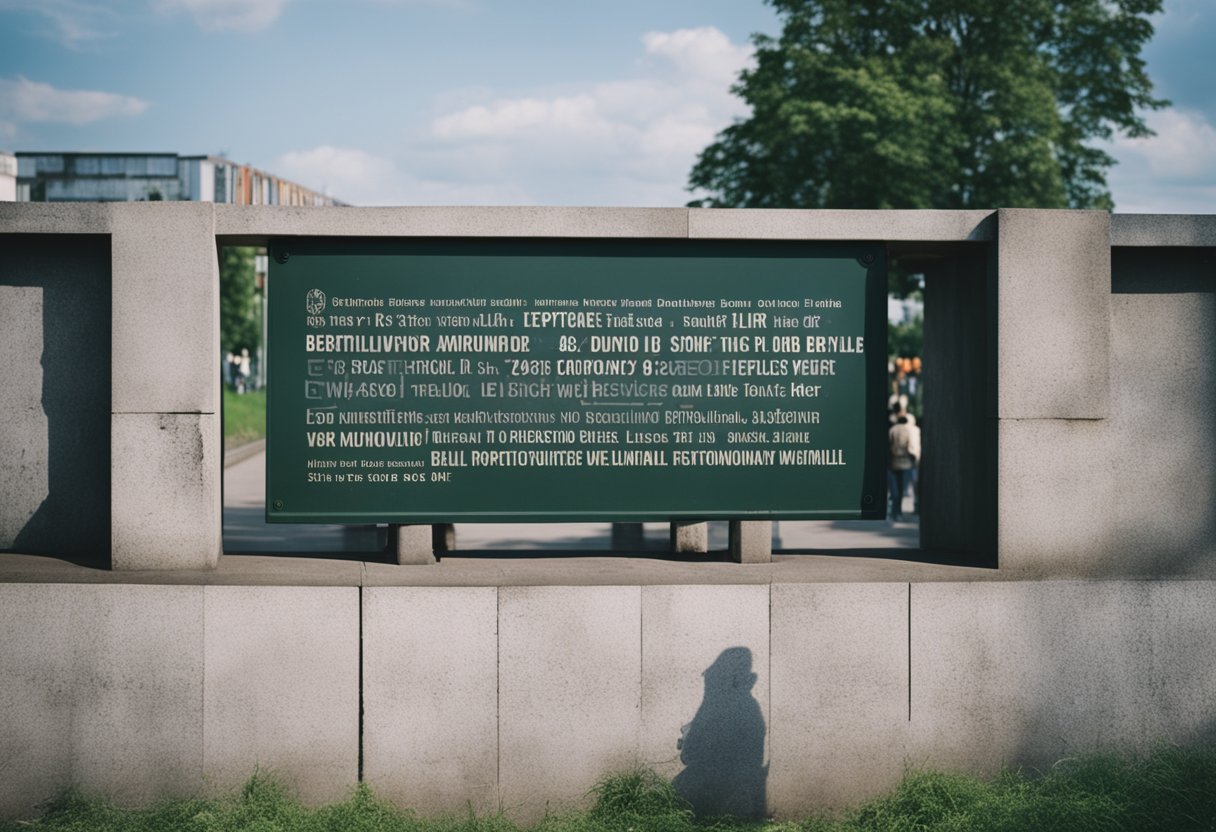 Besucher erkunden die Berliner Mauer in Deutschland. Pädagogische Schilder vermitteln historische Zusammenhänge