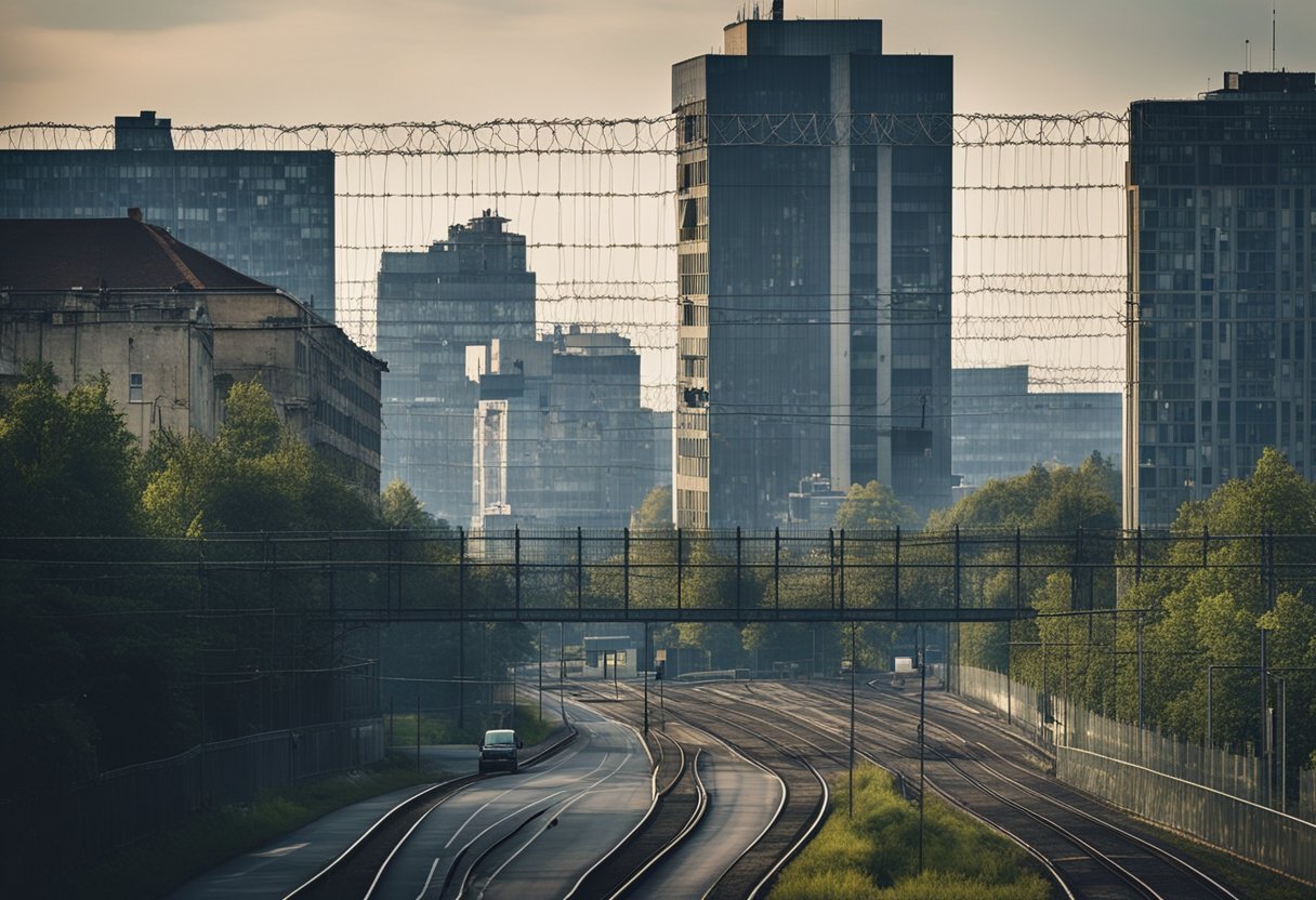 A bustling city with a divided skyline, showing both modern and dilapidated buildings. Guard towers and barbed wire fences separate the two sides, symbolizing the stark contrast between the political and economic systems in East Berlin, Germany