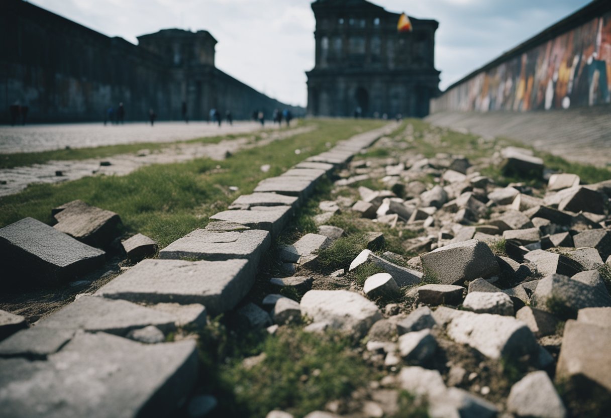 The Berlin Wall lies in ruins, symbolizing the reunification of Germany