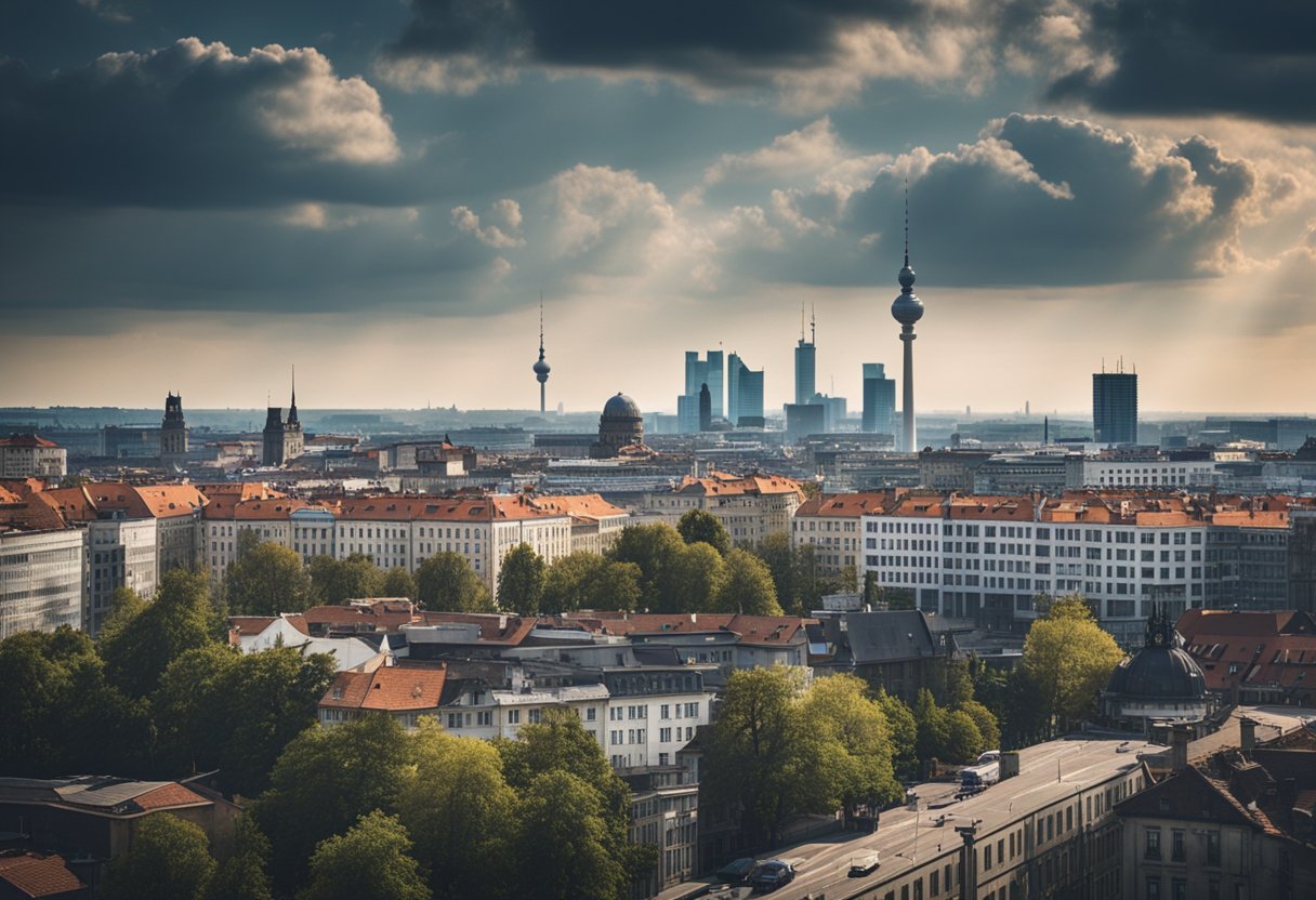 Berlin today: A modern city skyline with remnants of the Berlin Wall in the foreground. The wall stands as a reminder of the city's divided past