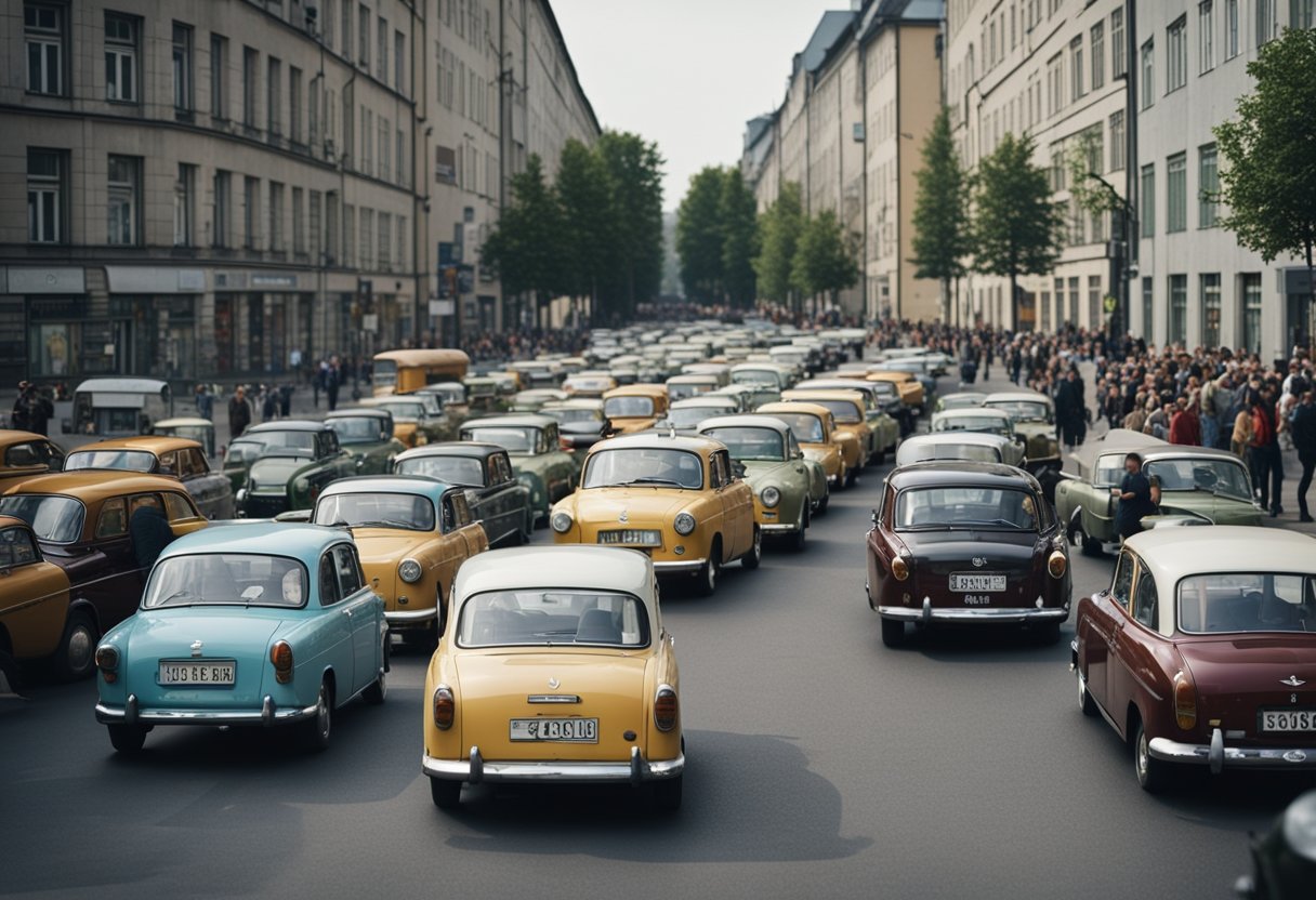Eine belebte Straße in Ost-Berlin mit Trabant-Autos und Architektur im sowjetischen Stil, umgeben von der imposanten Berliner Mauer