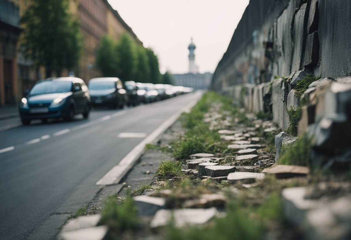 Eine bröckelnde Berliner Mauer steht zwischen Ost- und Westdeutschland, mit einem Weg, der zur Wiedervereinigung führt